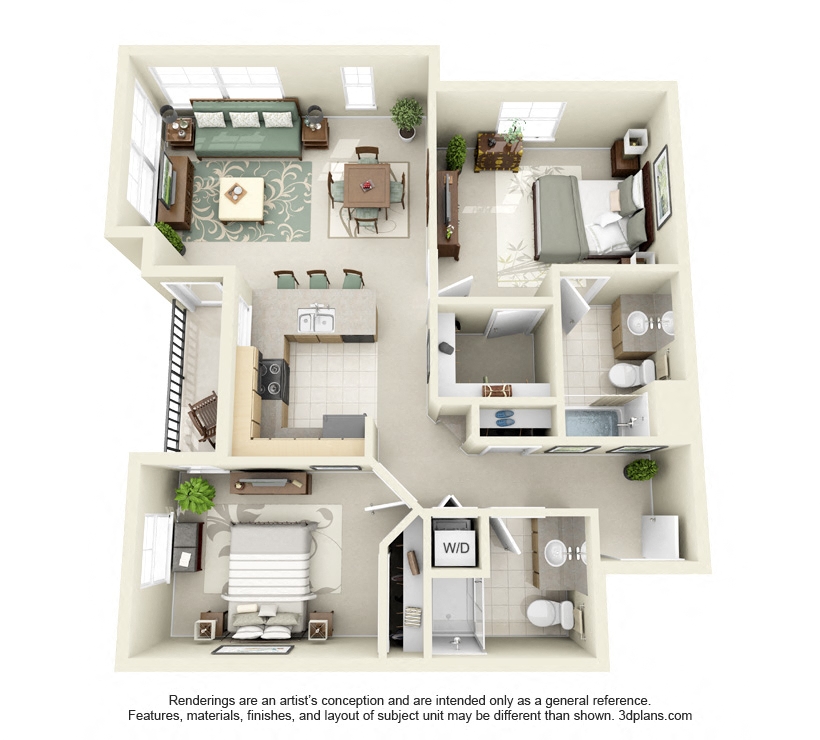 Floor plan for 2 beds, 2 baths, 992 sqft